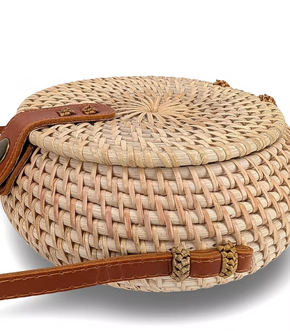Round Rattan Bag, Woven Rattan Crossbody, Boho Rattan Handbag, Straw Circle Bag