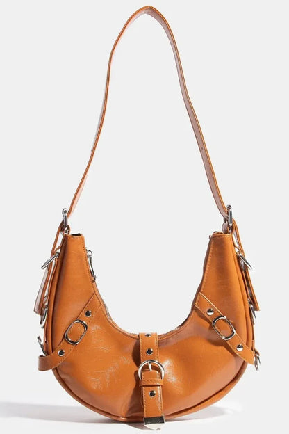 Genuine Leather Crescent Moon Shoulder Bag with Adjustable Strap, Metal Buckles and Tassels, Small Size