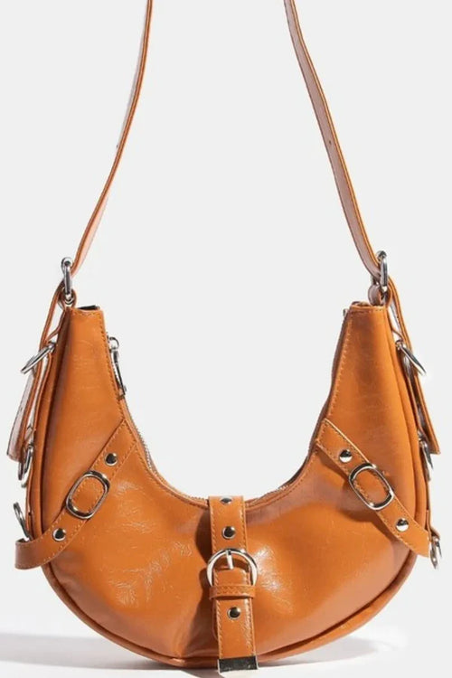 Genuine Leather Crescent Moon Shoulder Bag with Adjustable Strap, Metal Buckles and Tassels, Small Size