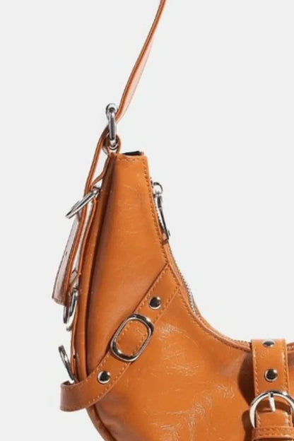 Genuine Leather Crescent Moon Shoulder Bag with Adjustable Strap, Metal Buckles and Tassels, Small Size